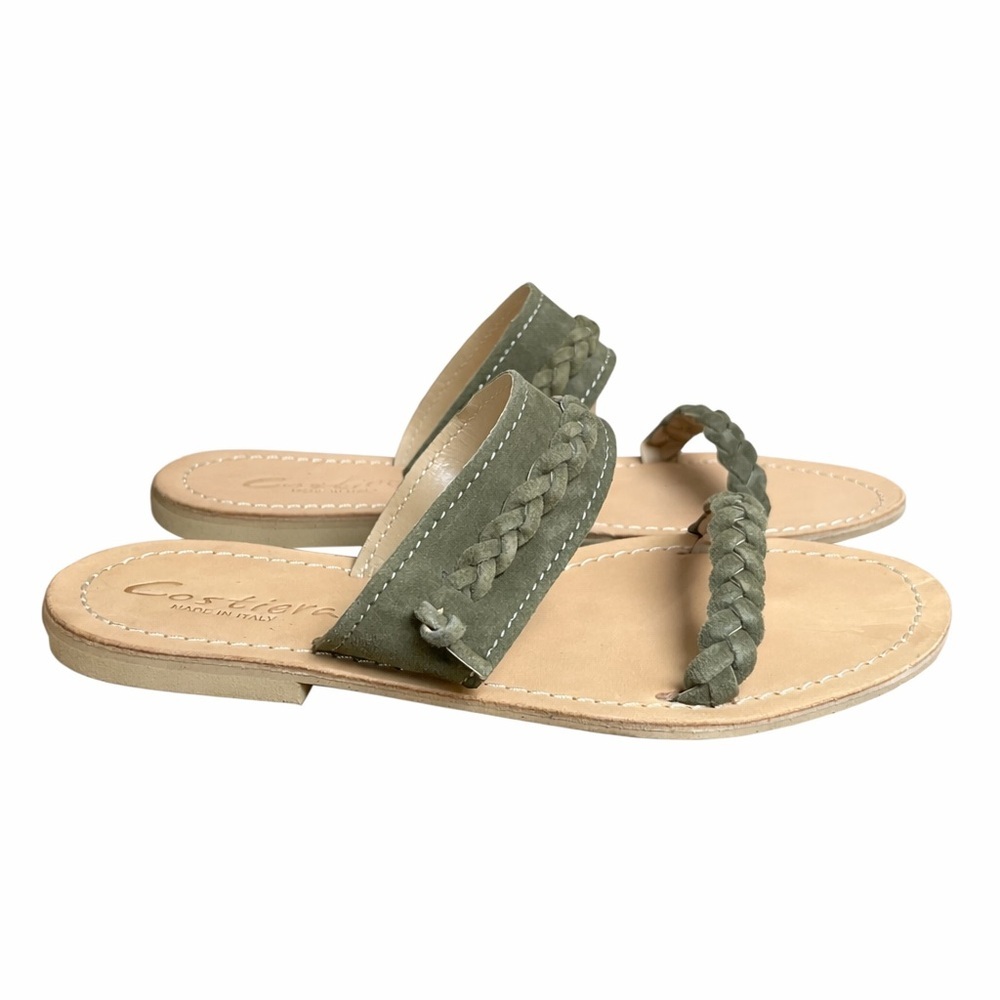 Costiera MADE IN ITALY Leather Sandals Green Suede Braided Flat Sz 37 (6.5-7 US) - Picture 2 of 10